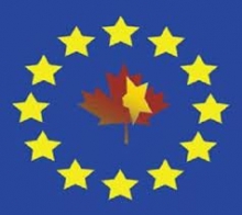 Canadian maple leaf surrounded by EU stars
